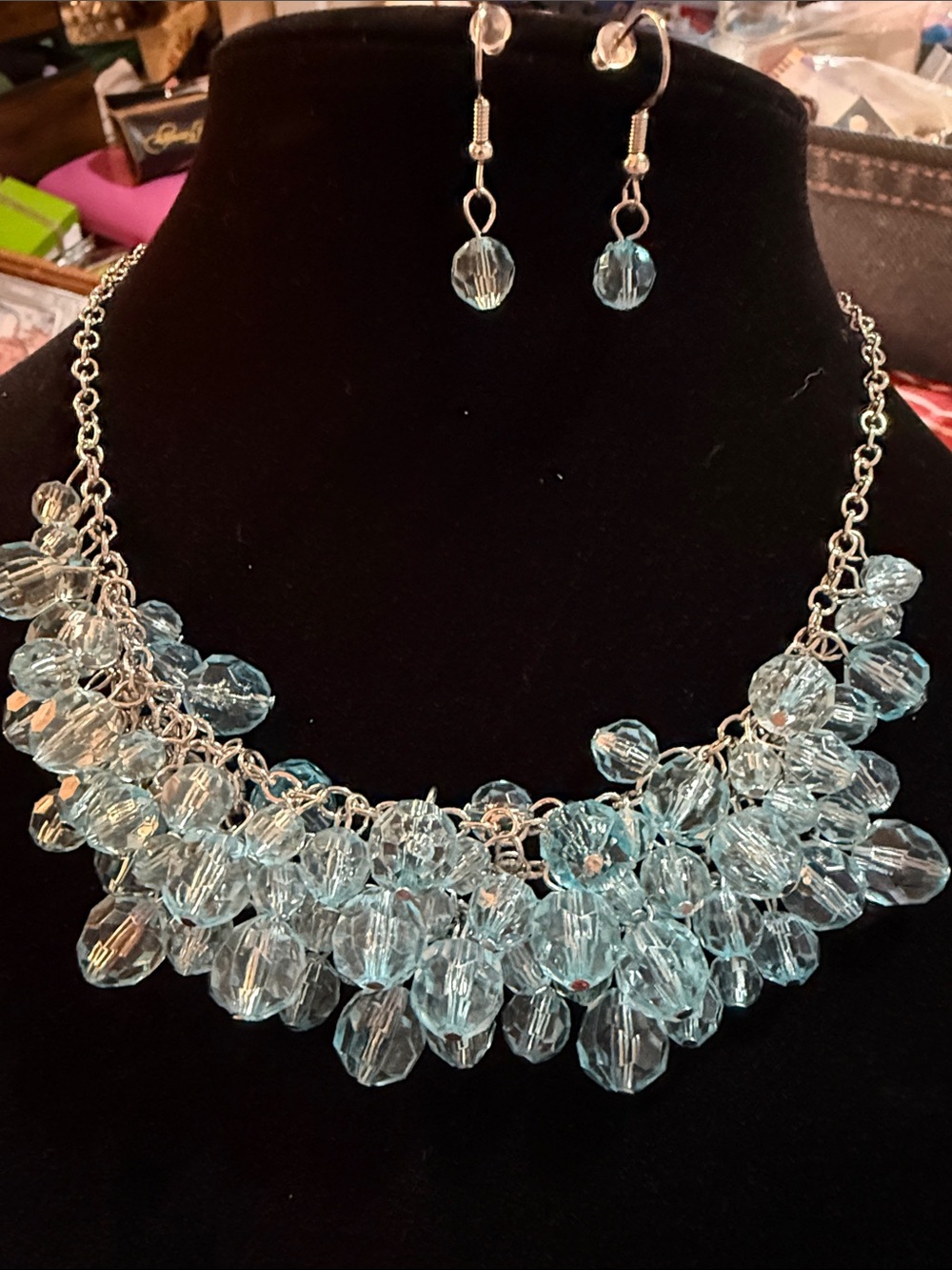 New 12” Women’s Ice Blue Crystal Cluster Necklace and Earrings -